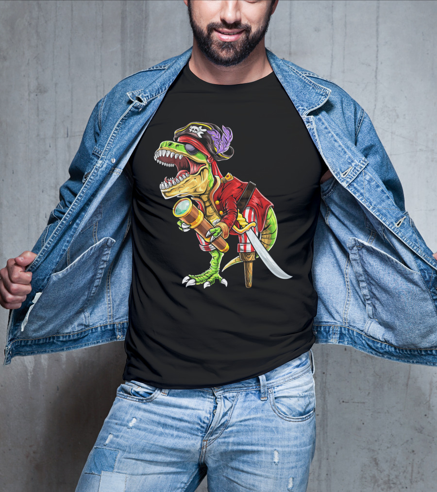 Pirate Dinosaur With Telescope And Peg Leg In Halloween Costume T-Shirt