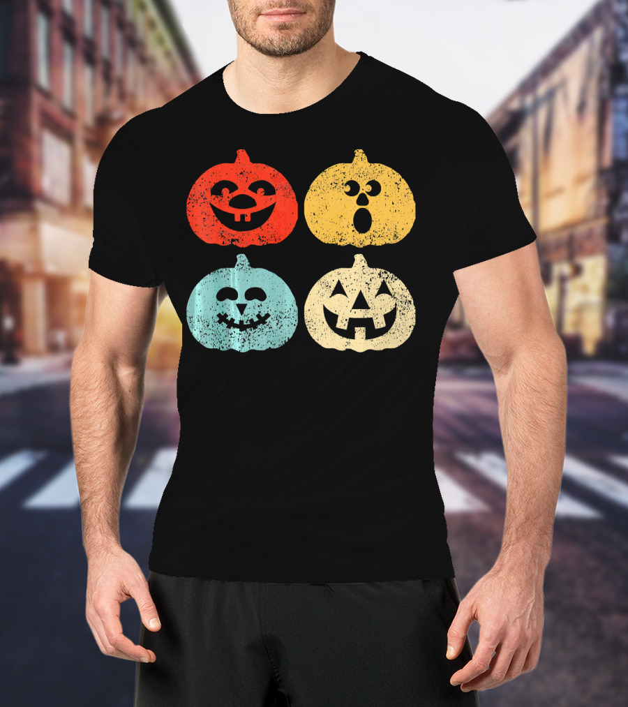 Vintage Halloween Pumpkin Women Retro Colorful Jack-O'-Lantern Faces T-Shirt
