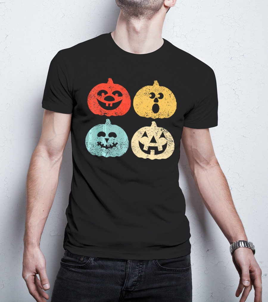 Vintage Halloween Pumpkin Women Retro Colorful Jack-O'-Lantern Faces T-Shirt