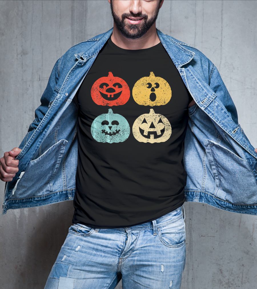 Vintage Halloween Pumpkin Women Retro Colorful Jack-O'-Lantern Faces T-Shirt