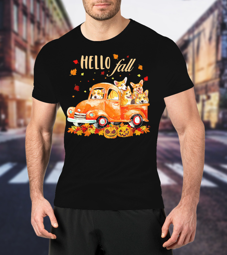 Hello Fall Corgis In Pumpkin Truck With Autumn Leaves And Jack-O'-Lanterns T-Shirt