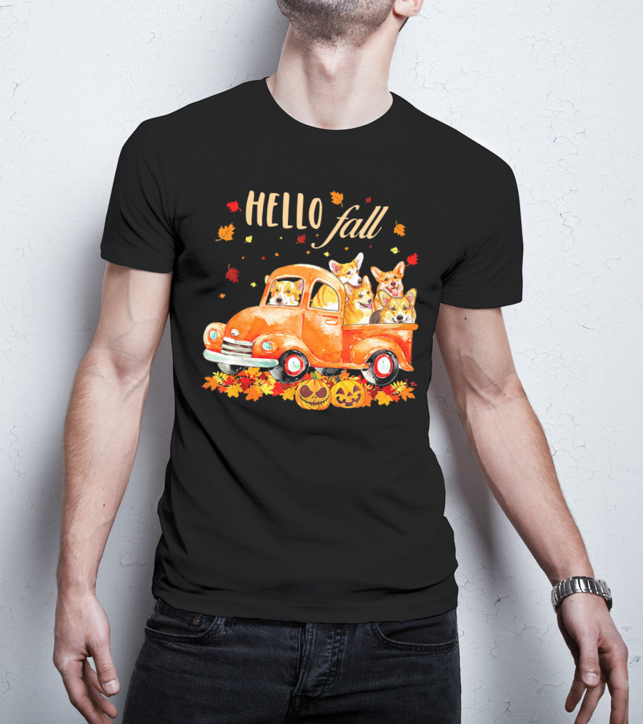 Hello Fall Corgis In Pumpkin Truck With Autumn Leaves And Jack-O'-Lanterns T-Shirt