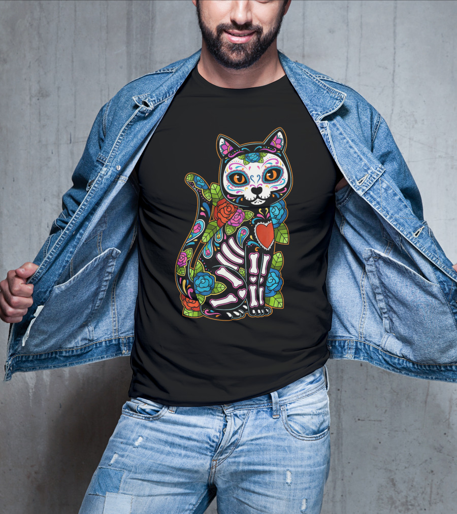 Cat Sugar Skull Calavera Mexico Dia De T-Shirt