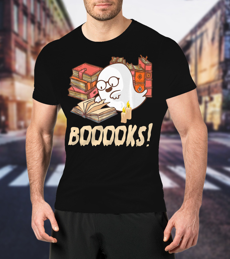 BOOOOKS Cute Reading Boo Ghost With Stacks Of Books And Candles T-Shirt