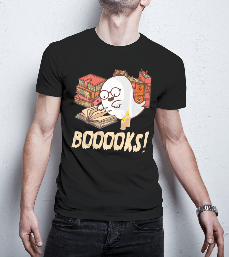BOOOOKS Cute Reading Boo Ghost With Stacks Of Books And Candles T-Shirt