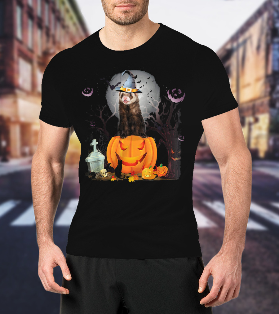Funny Halloween Ferret With Pumpkin And Witch Hat T-Shirt