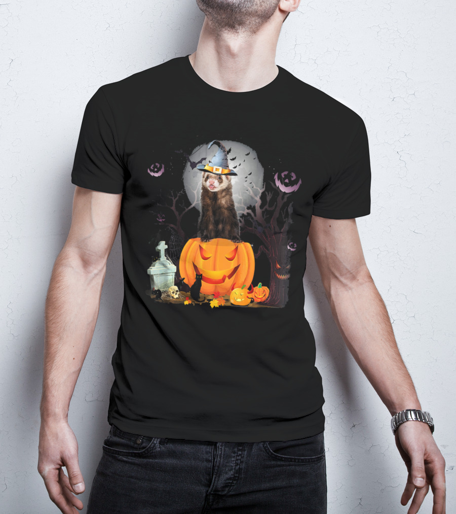 Funny Halloween Ferret With Pumpkin And Witch Hat T-Shirt