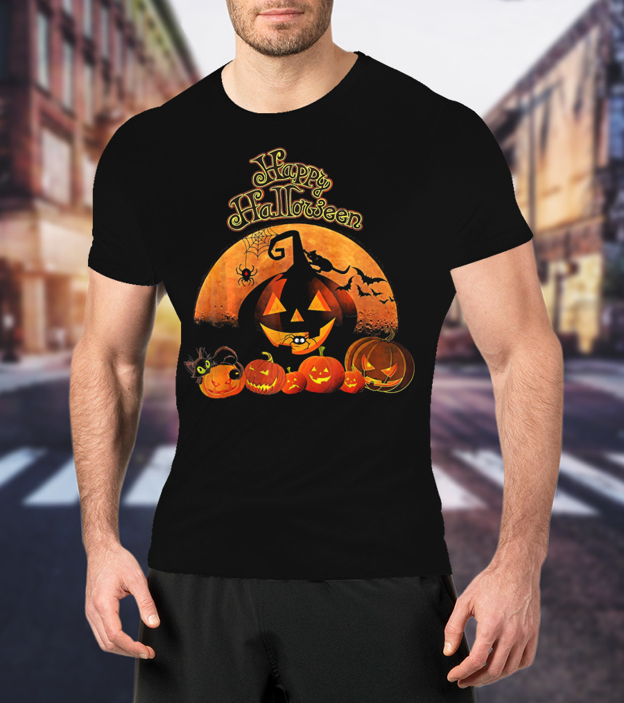 Happy Halloween Pumpkin Black Cat Witch Spider Bats T-Shirt