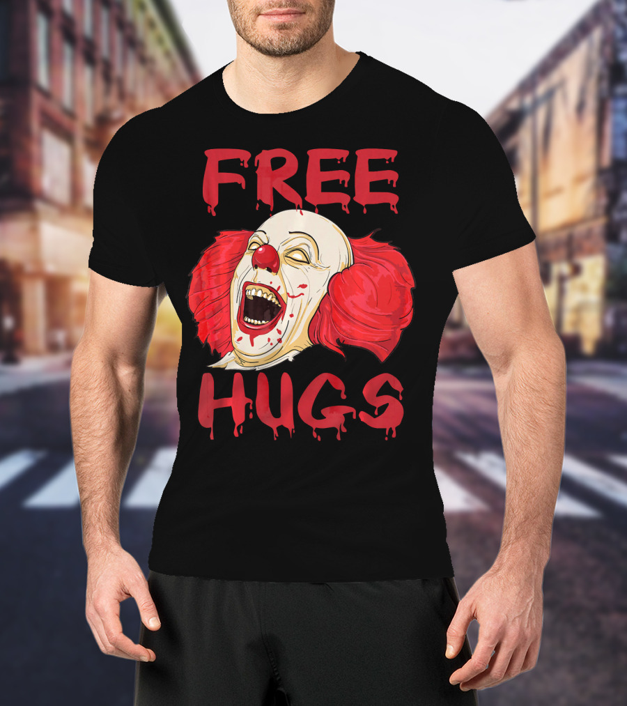 Free Hugs Evil Killer Scary Clown Costume Blood Red Horror T-Shirt