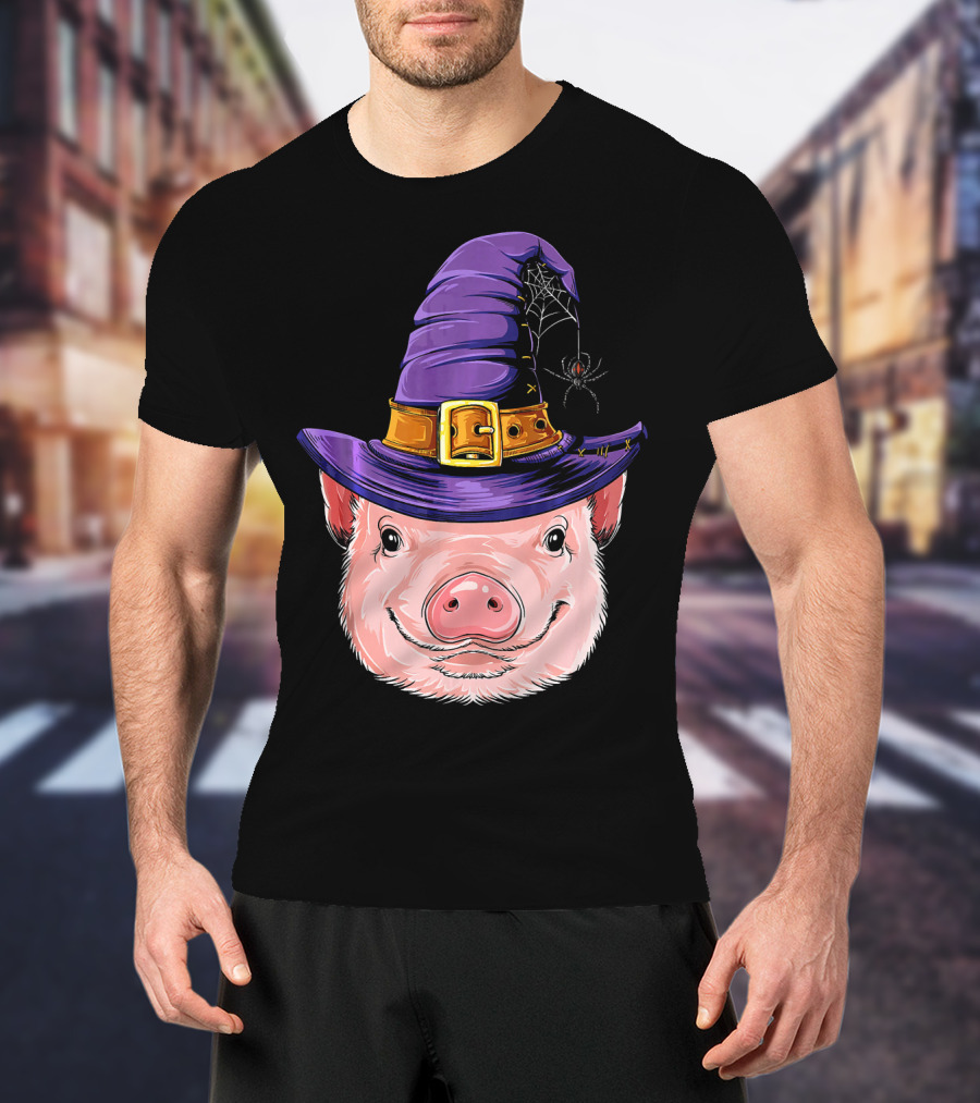Pig In Witch Hat With Spider And Web Halloween T-Shirt