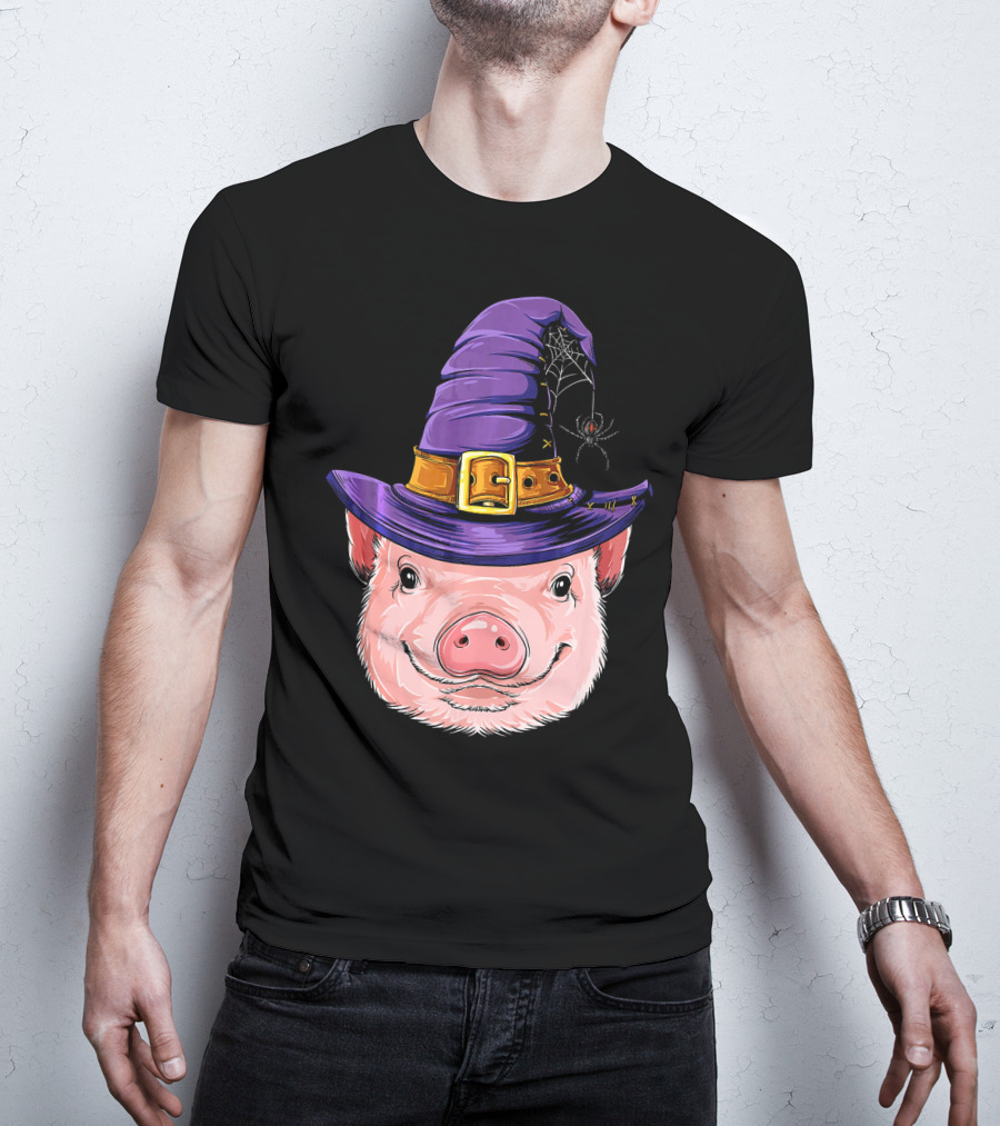 Pig In Witch Hat With Spider And Web Halloween T-Shirt