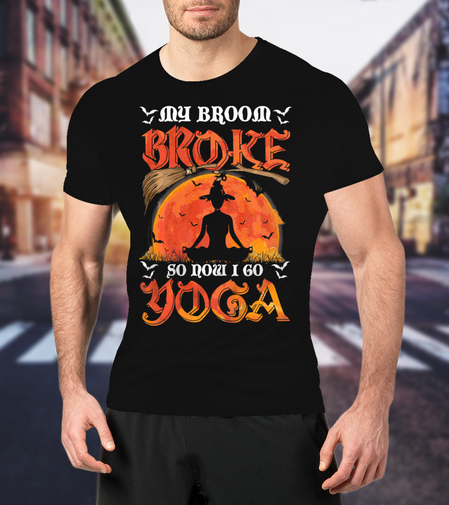 My Broom Broke So Now I Go Yoga Halloween Moon Meditation Bats T-Shirt