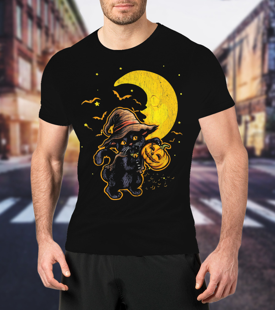 Halloween Black Cat Witch With Pumpkin Under Moon And Bats T-Shirt