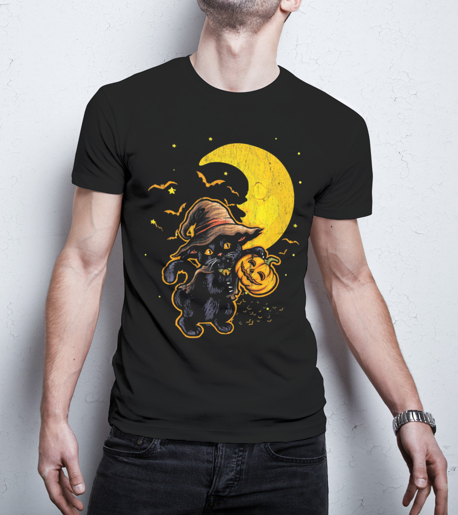 Halloween Black Cat Witch With Pumpkin Under Moon And Bats T-Shirt