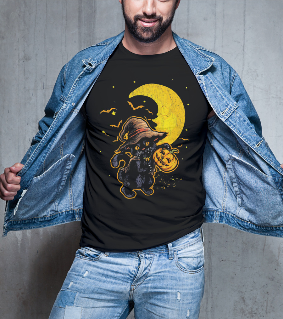 Halloween Black Cat Witch With Pumpkin Under Moon And Bats T-Shirt