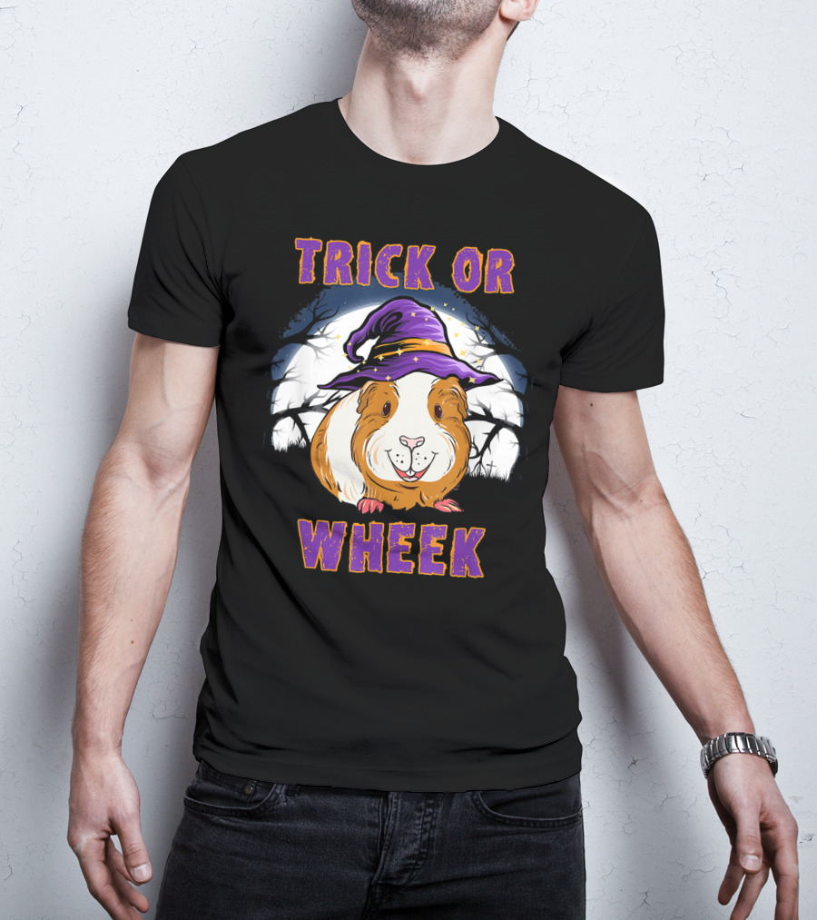 Trick Or Wheek Halloween Guinea Pig With Witch Hat And Moon Background T-Shirt