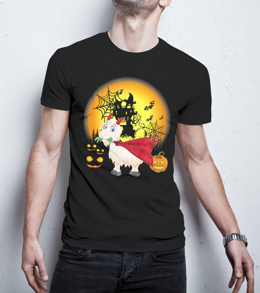 Funny Goat Halloween Cape Haunted House Pumpkins Spooky Night T-Shirt