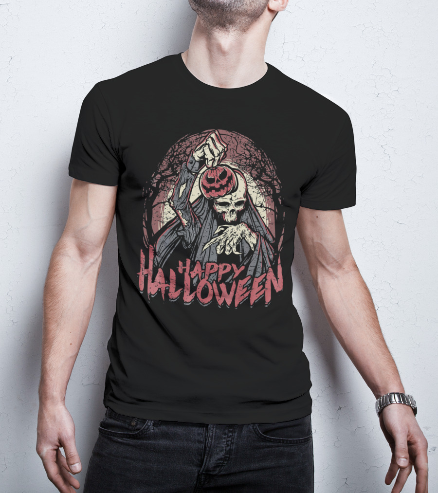 Halloween Scary Zombie Skeleton With Pumpkin Head T-Shirt