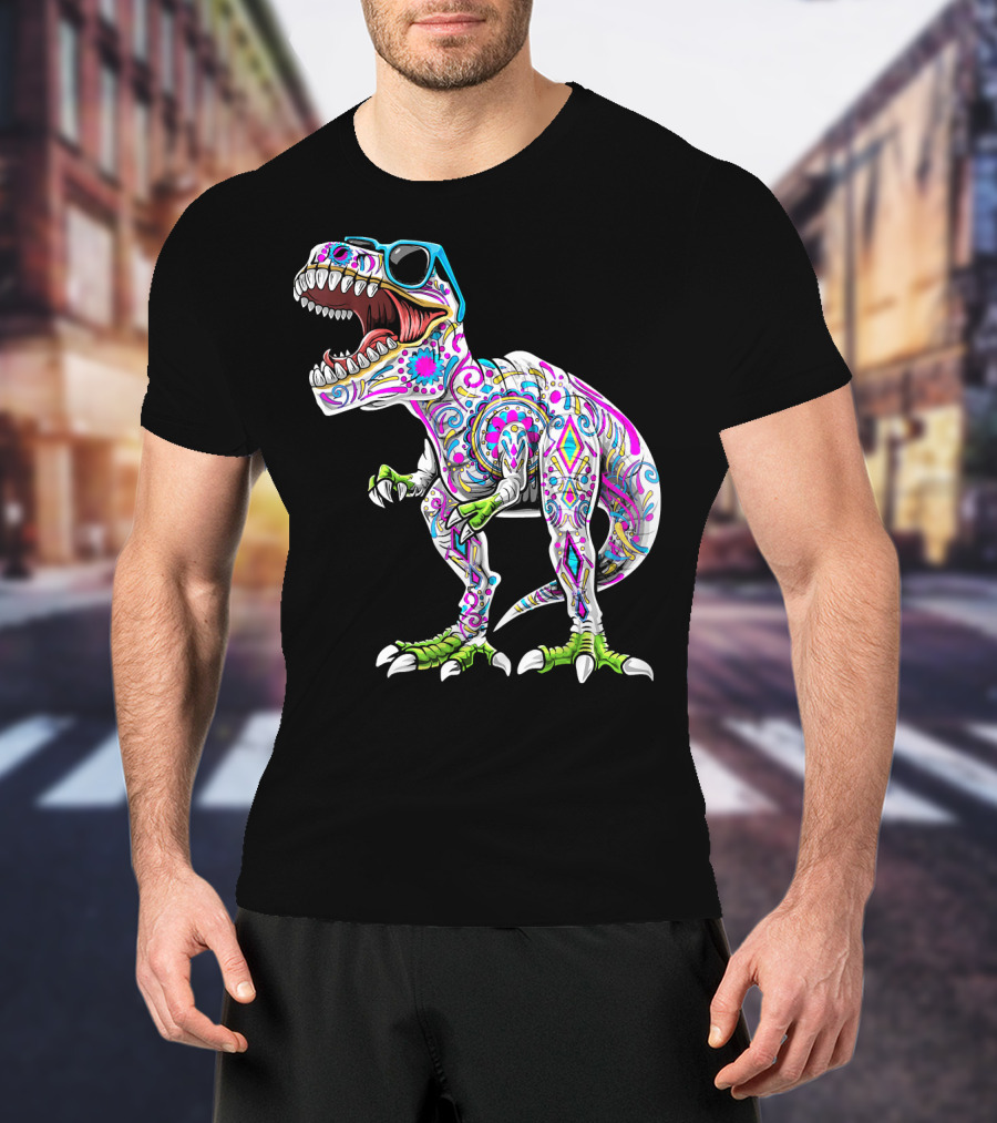 Day Of The Dead Dia De Los Muertos T-Rex Dinosaur With Sunglasses T-Shirt