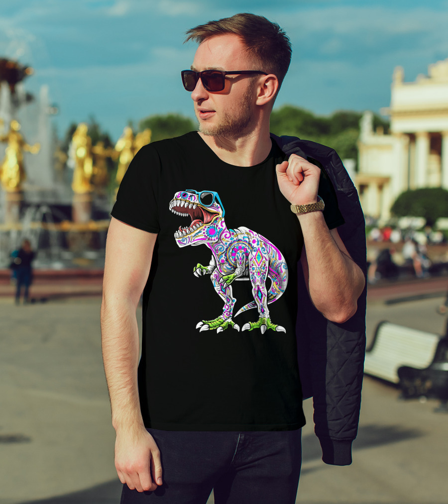 Day Of The Dead Dia De Los Muertos T-Rex Dinosaur With Sunglasses T-Shirt