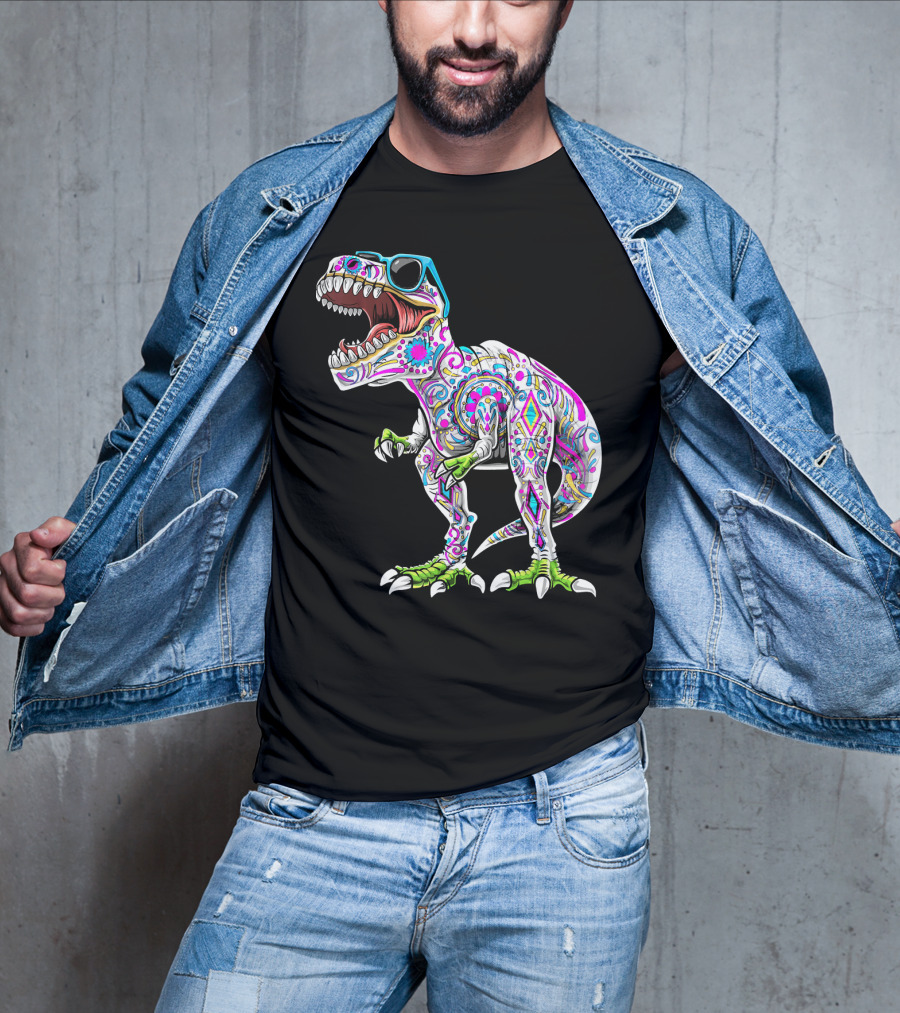 Day Of The Dead Dia De Los Muertos T-Rex Dinosaur With Sunglasses T-Shirt