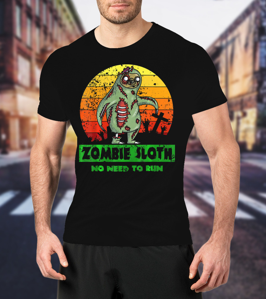 Zombie Sloth No Need To Run Sunset Cemetery Background T-Shirt