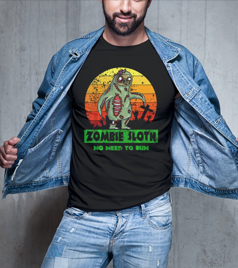 Zombie Sloth No Need To Run Sunset Cemetery Background T-Shirt