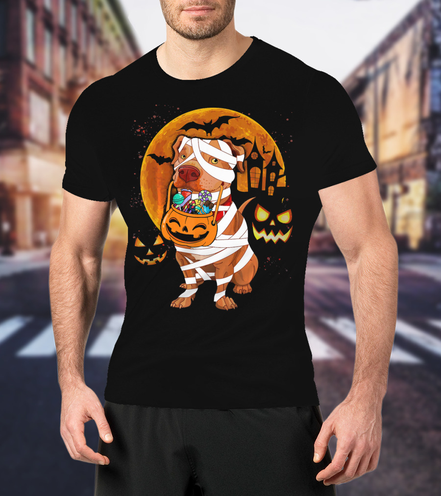 Funny Halloween Mummy Pitbull Boo Dog With Pumpkin Candy And Scary Moon T-Shirt