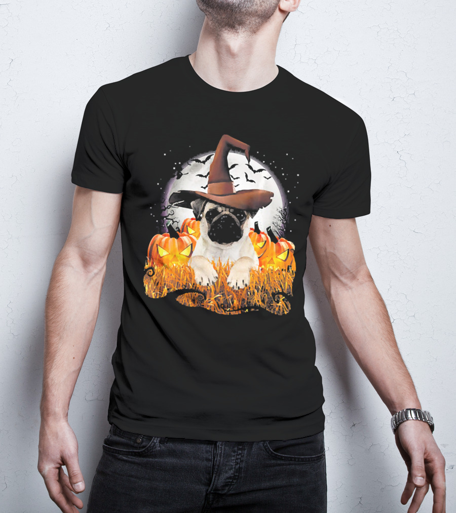 Funny Pug Halloween Witch Hat Pumpkins Moon Bats T-Shirt