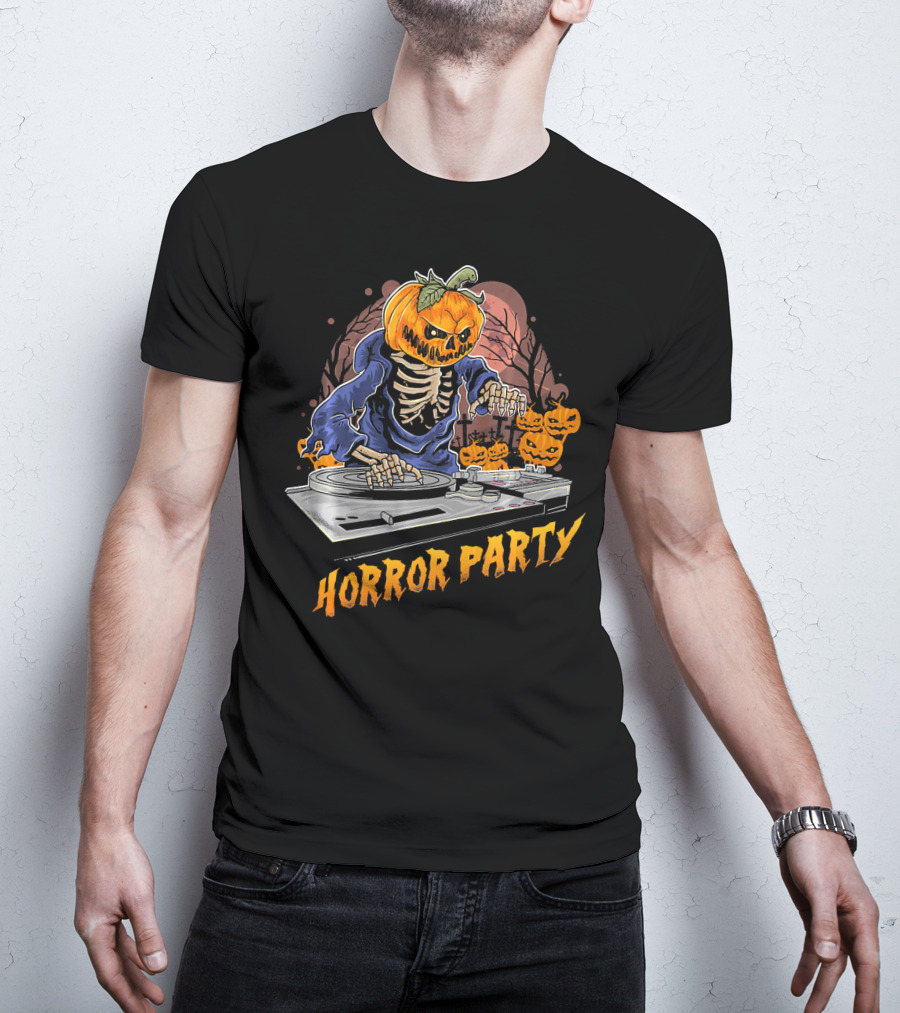 Horror Party Skeleton Pumpkin Head DJ Turntable Halloween Vibes T-Shirt