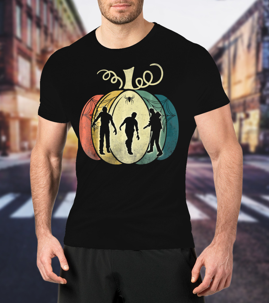 Pumpkin With Zombie Silhouettes And Spider Webs T-Shirt
