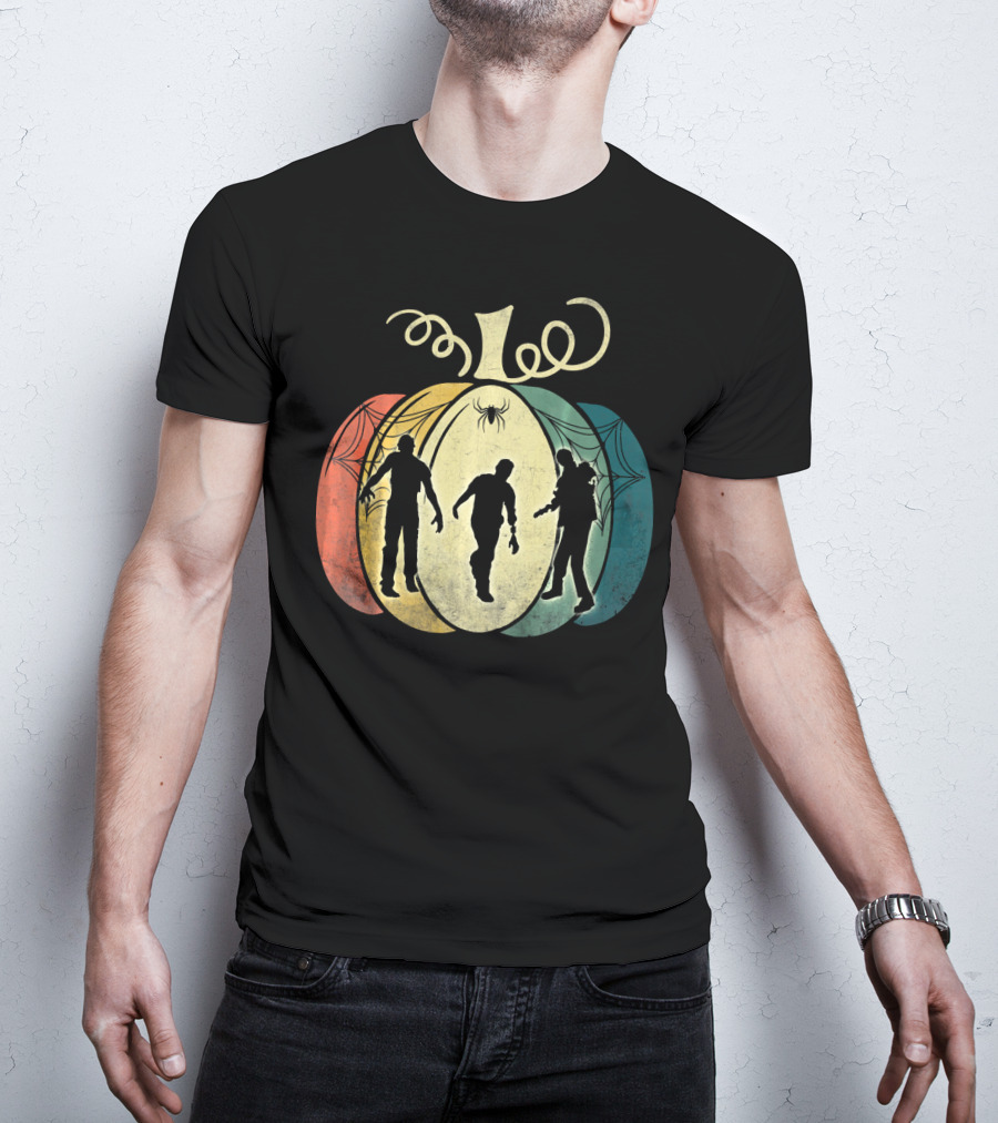 Pumpkin With Zombie Silhouettes And Spider Webs T-Shirt