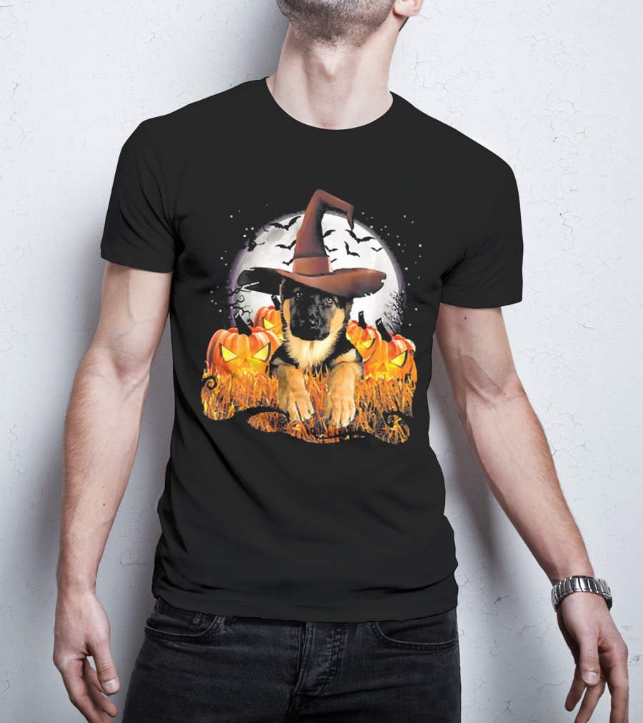 German Shepherd Witch Hat Pumpkins Halloween Moon Bats T-Shirt
