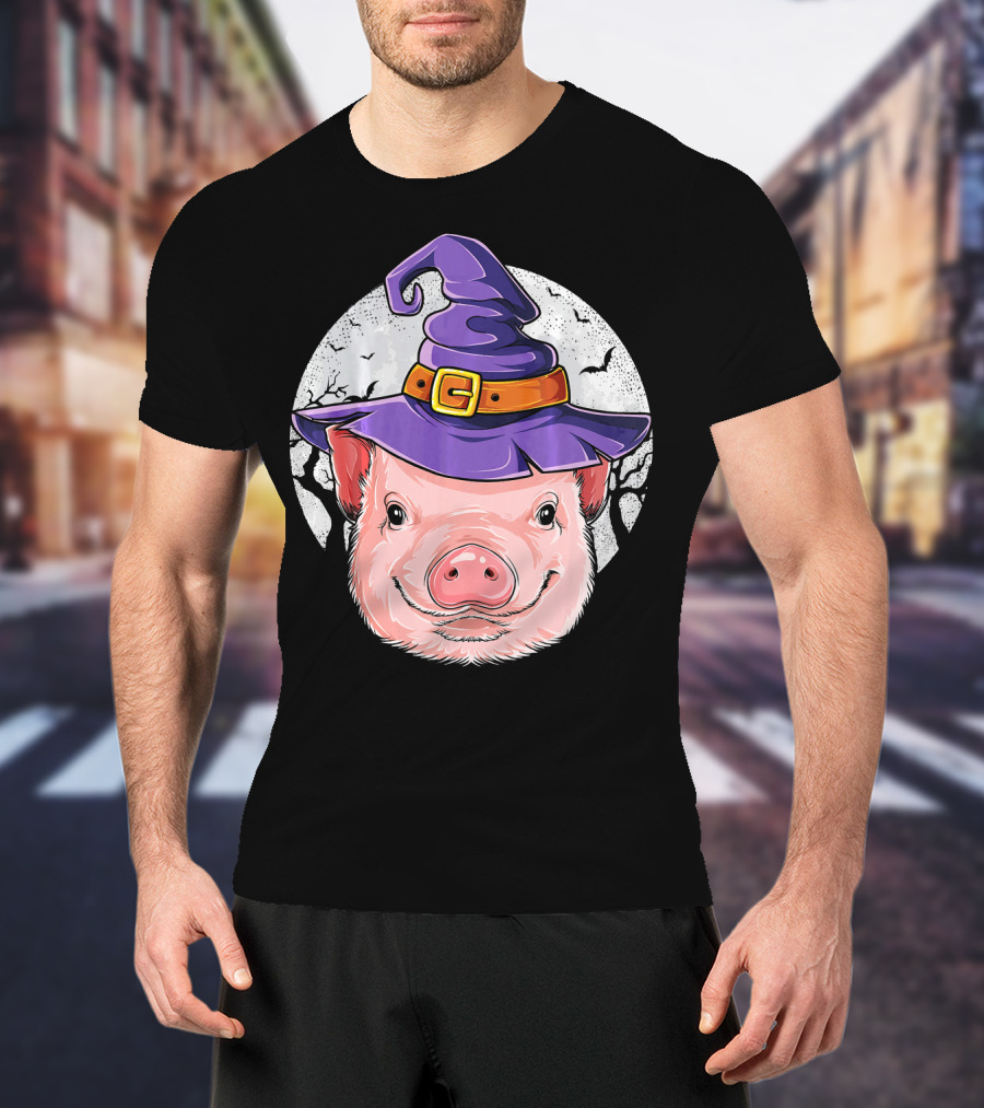 Pig Wearing Purple Witch Hat With Spooky Full Moon And Bats T-Shirt