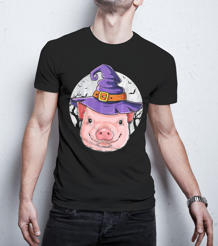 Pig Wearing Purple Witch Hat With Spooky Full Moon And Bats T-Shirt