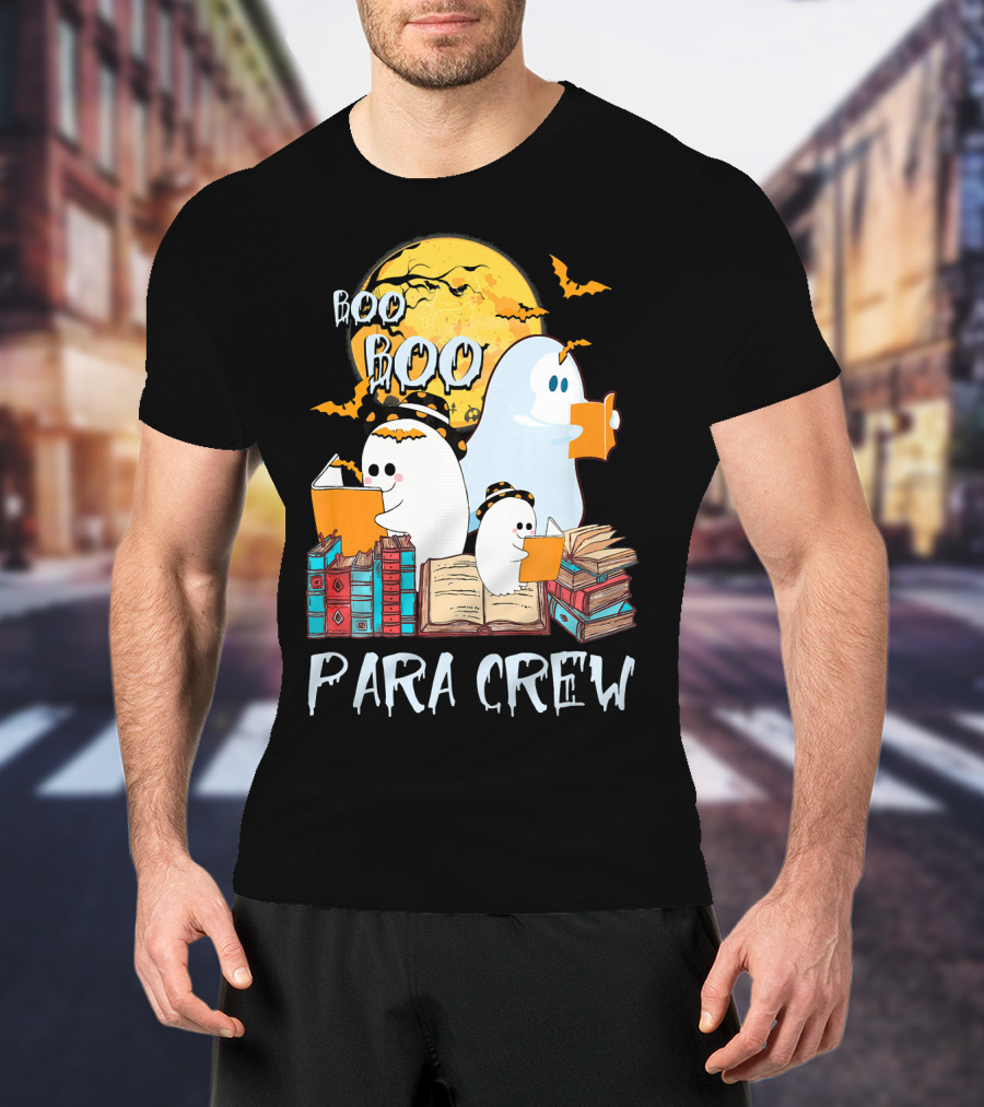 Boo Boo Para Crew Paraprofessional Ghost Reading By Moonlight With Books And Bats T-Shirt