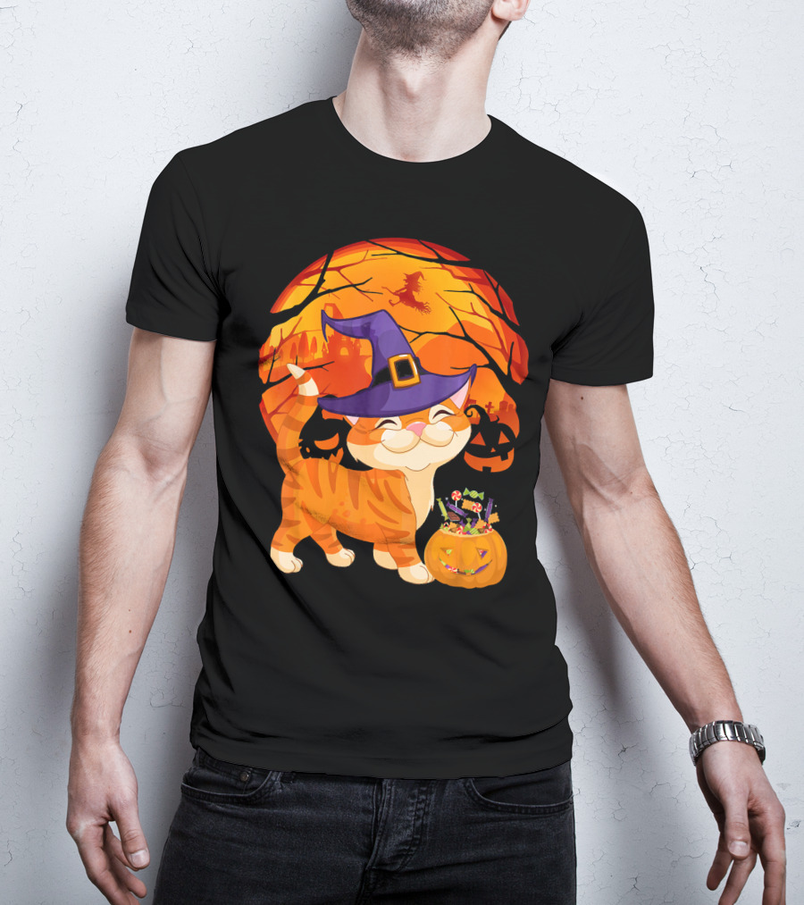 Halloween Costume Cat Witch Hat Happy Pumpkin Moon Scene T-Shirt