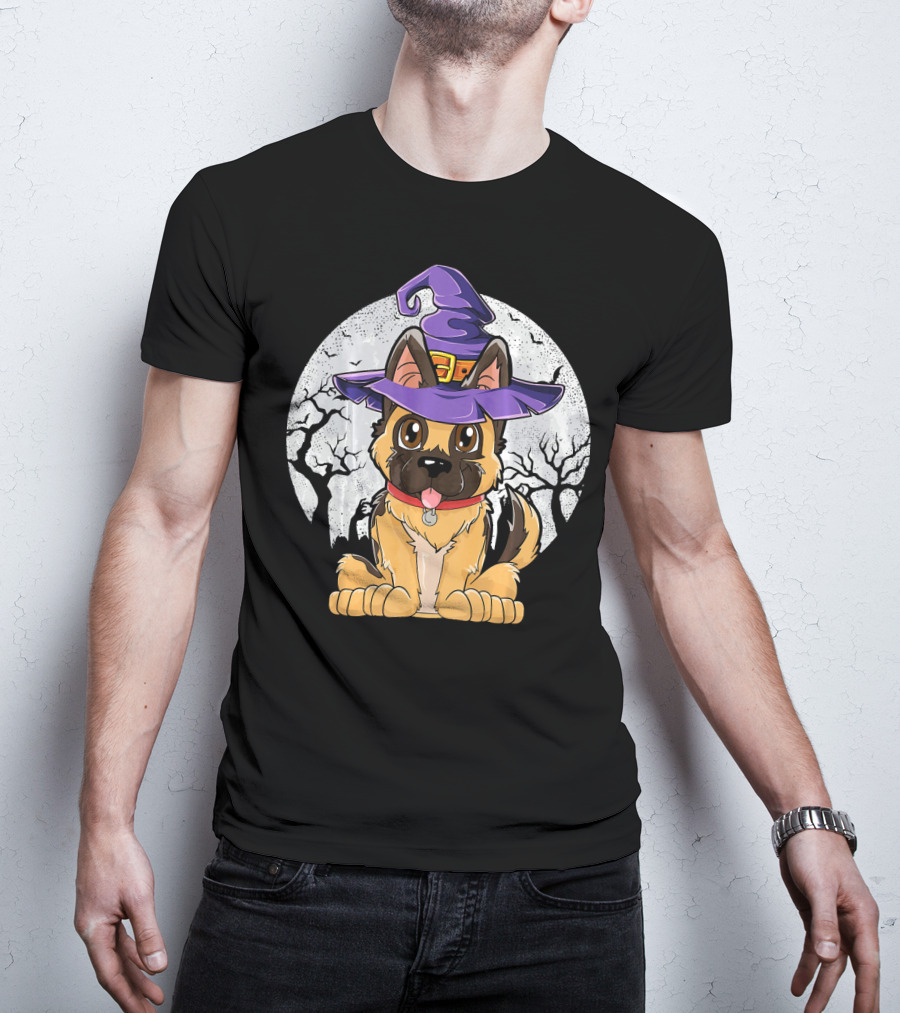 German Shepherd Witch Halloween Moon Background T-Shirt