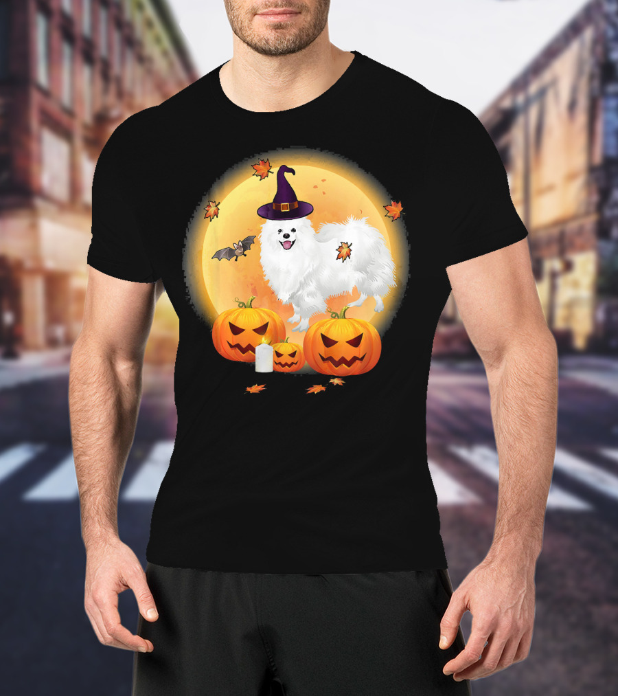 Halloween American Eskimo Dog With Pumpkins And Witch Hat T-Shirt