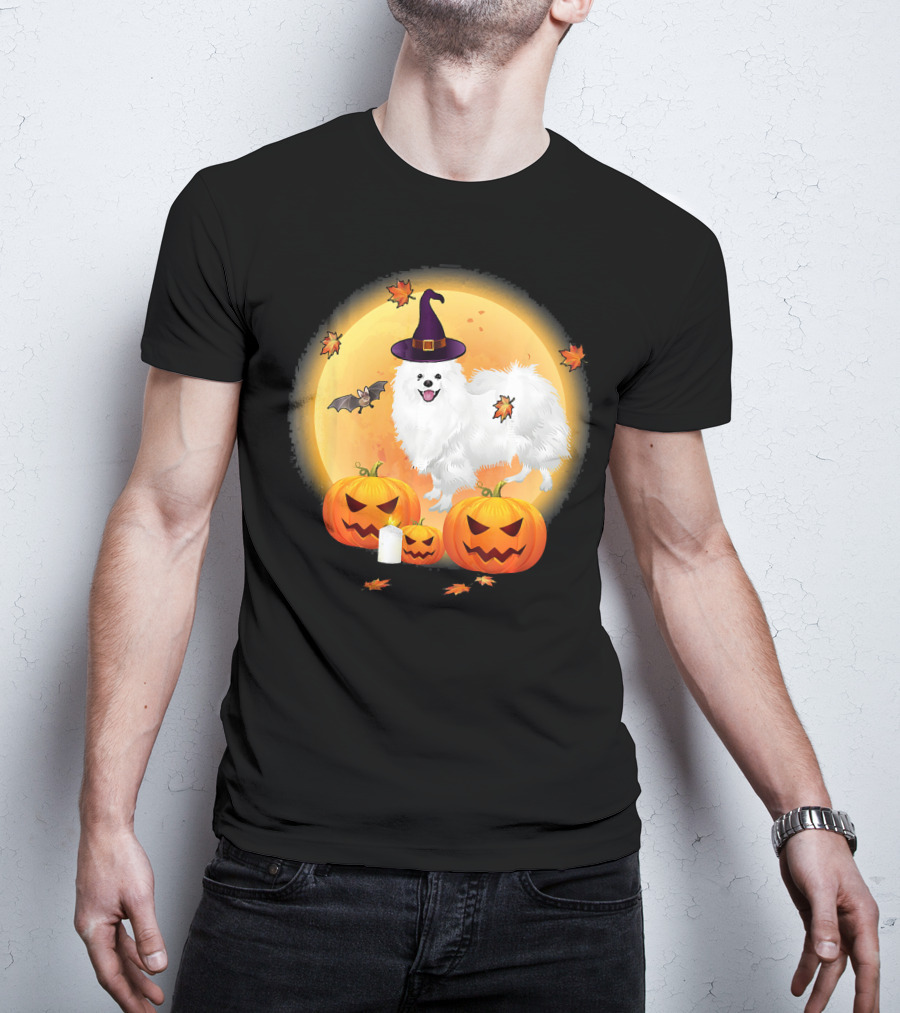 Halloween American Eskimo Dog With Pumpkins And Witch Hat T-Shirt