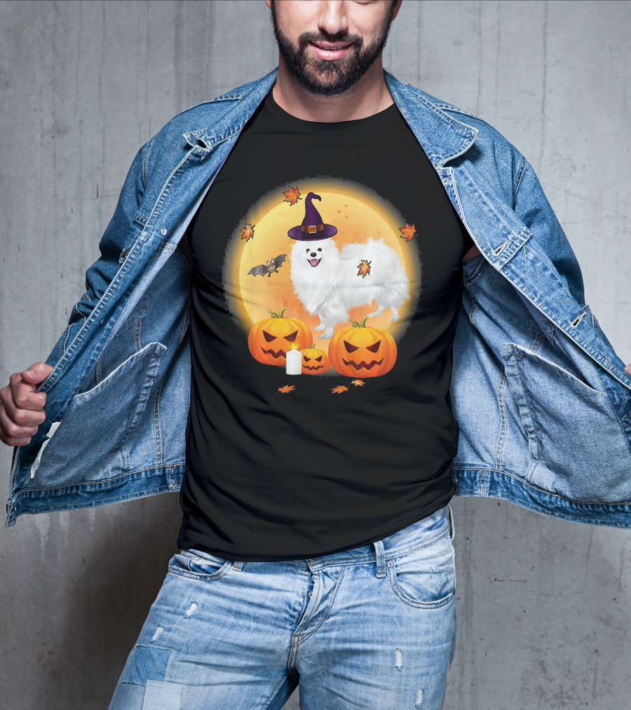 Halloween American Eskimo Dog With Pumpkins And Witch Hat T-Shirt