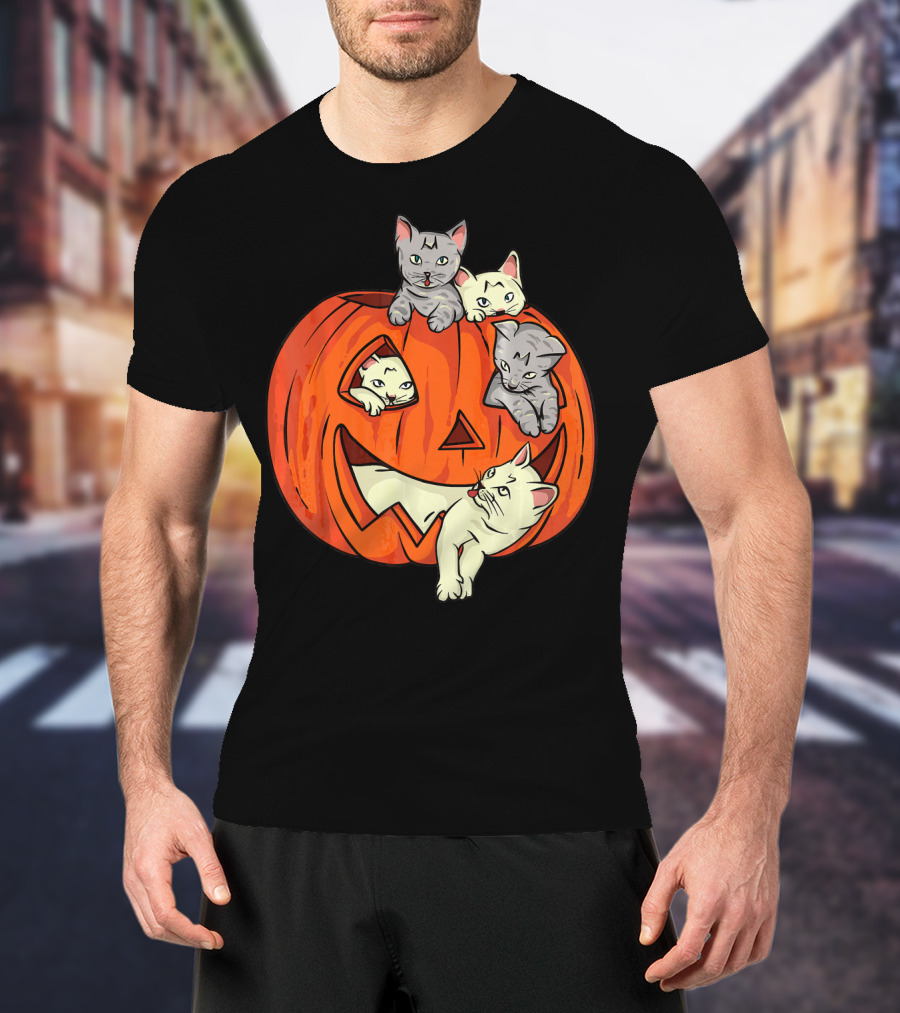 Cats In Jack O Lantern Pumpkin Halloween Scene T-Shirt