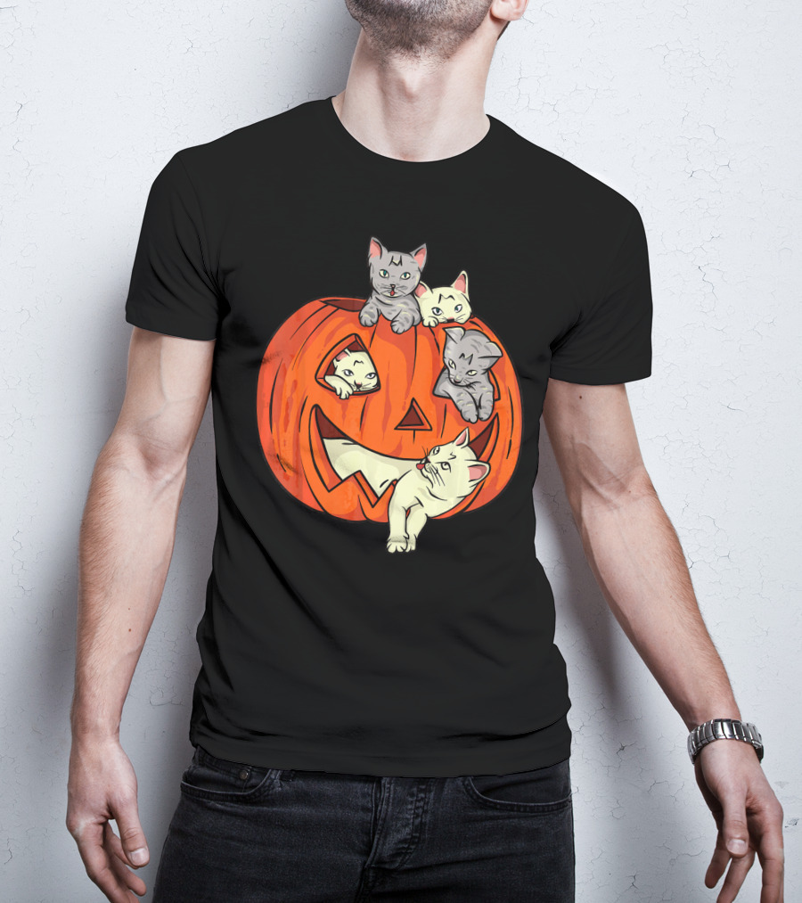 Cats In Jack O Lantern Pumpkin Halloween Scene T-Shirt