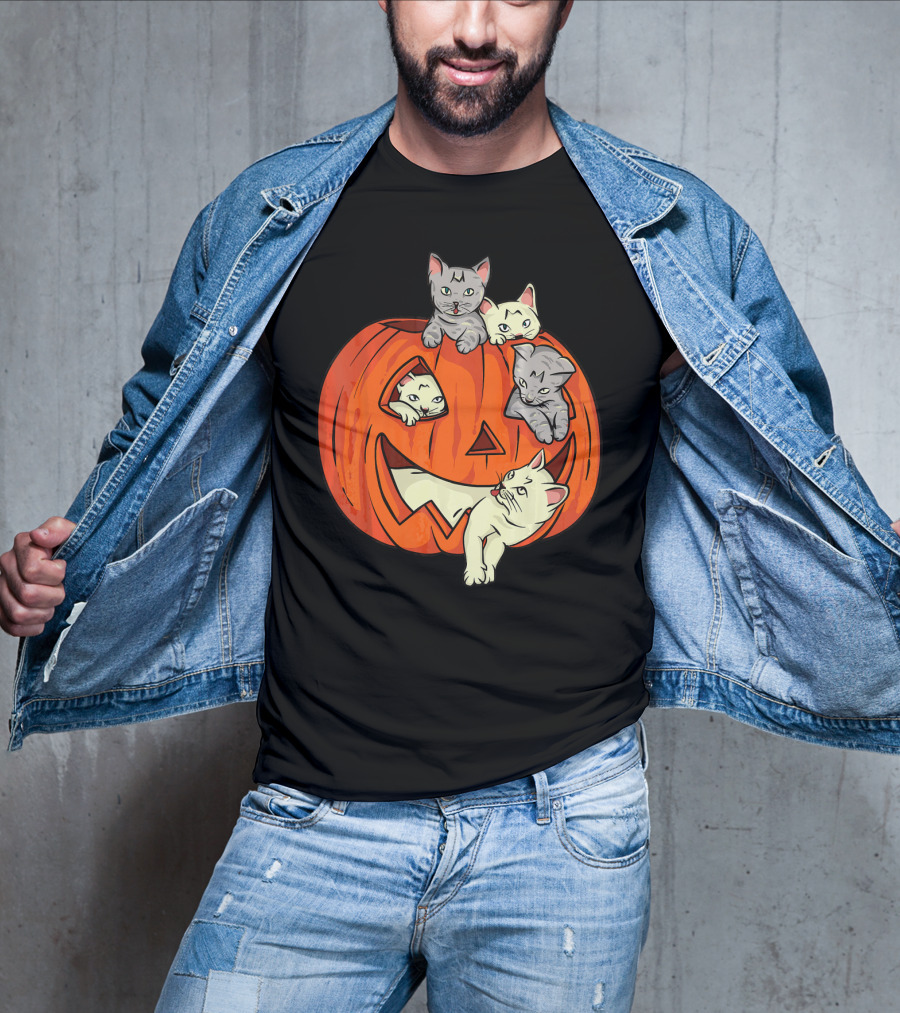 Cats In Jack O Lantern Pumpkin Halloween Scene T-Shirt