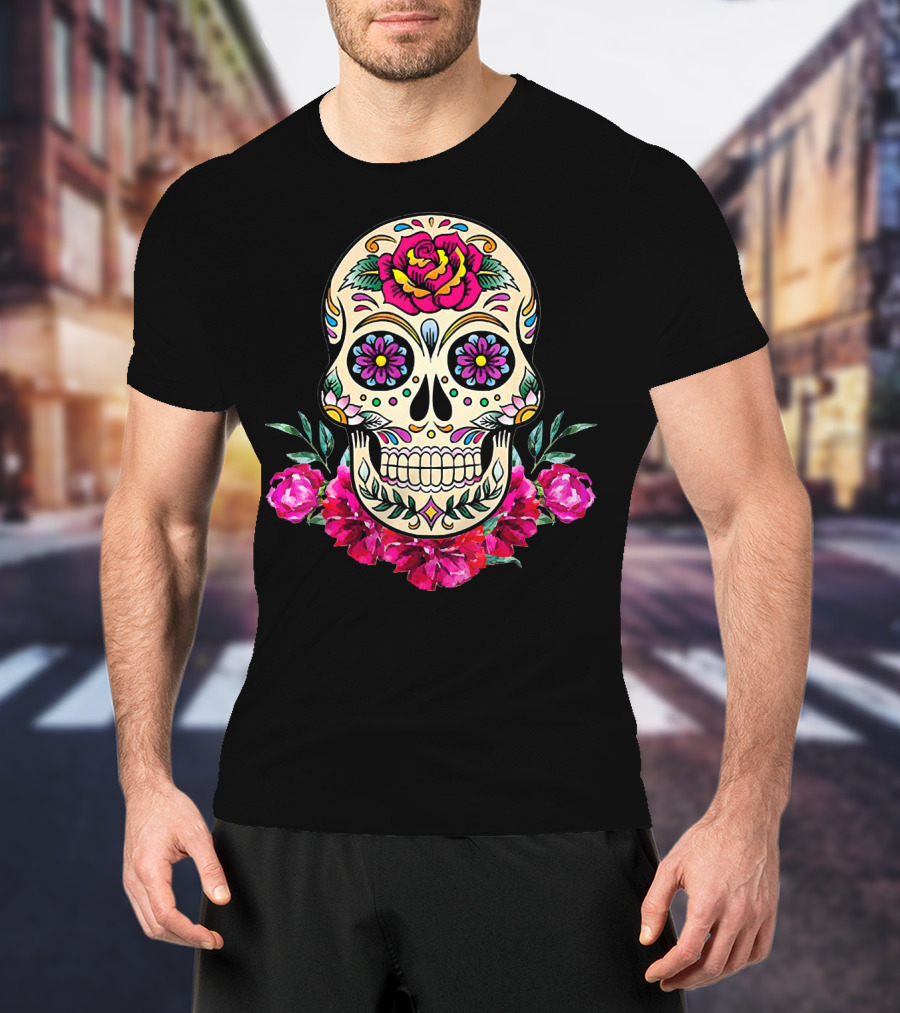 Day Of The Dead Sugar Skull With Vibrant Floral Accents T-Shirt