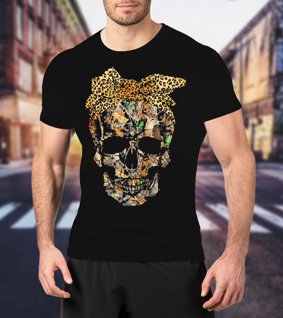 Camouflage Skull With Leopard Print Bow And Hunting Elements T-Shirt