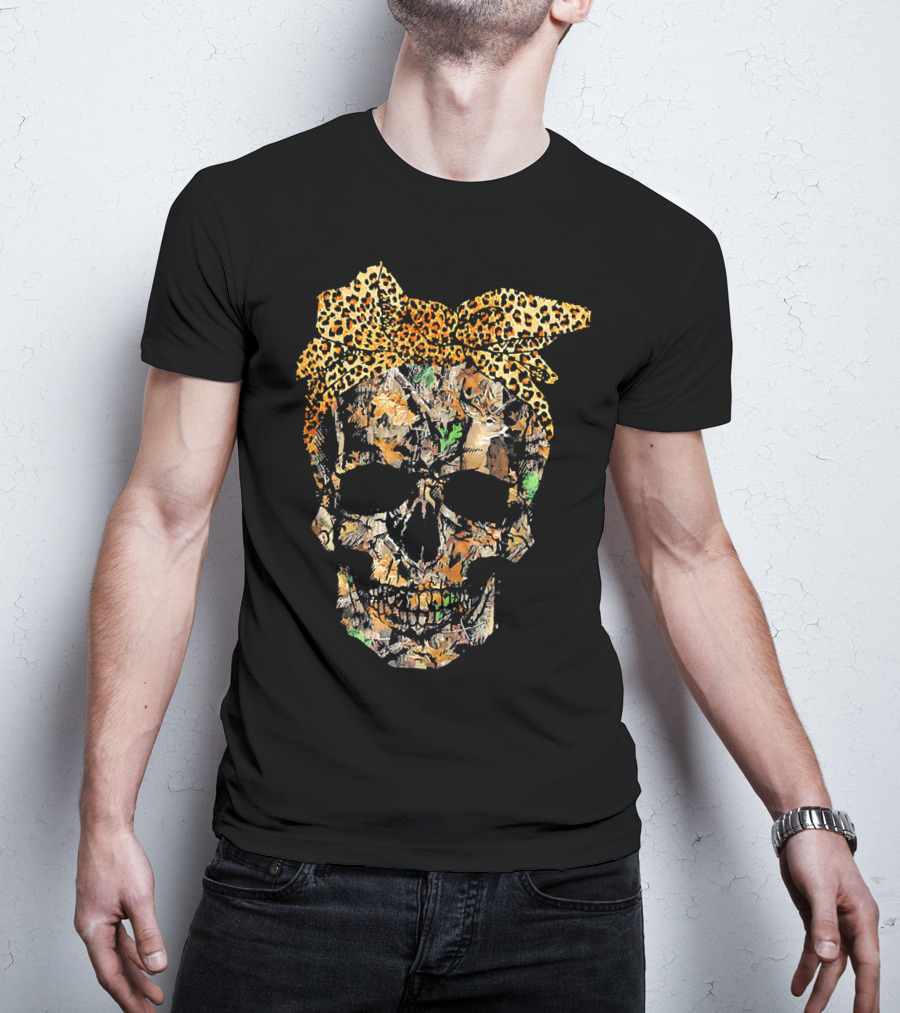Camouflage Skull With Leopard Print Bow And Hunting Elements T-Shirt