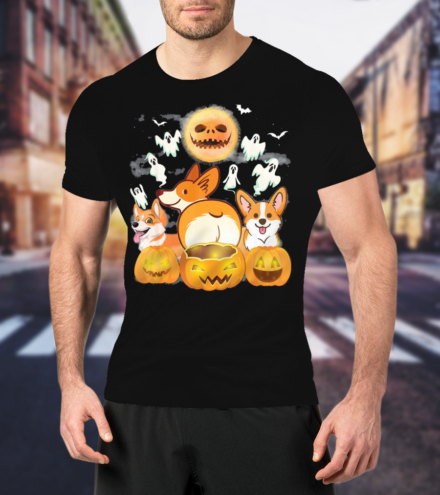 Welsh Corgi Cardigans Pumpkin Ghosts Halloween Team With Spooky Bats T-Shirt