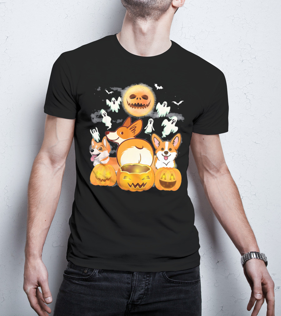 Welsh Corgi Cardigans Pumpkin Ghosts Halloween Team With Spooky Bats T-Shirt