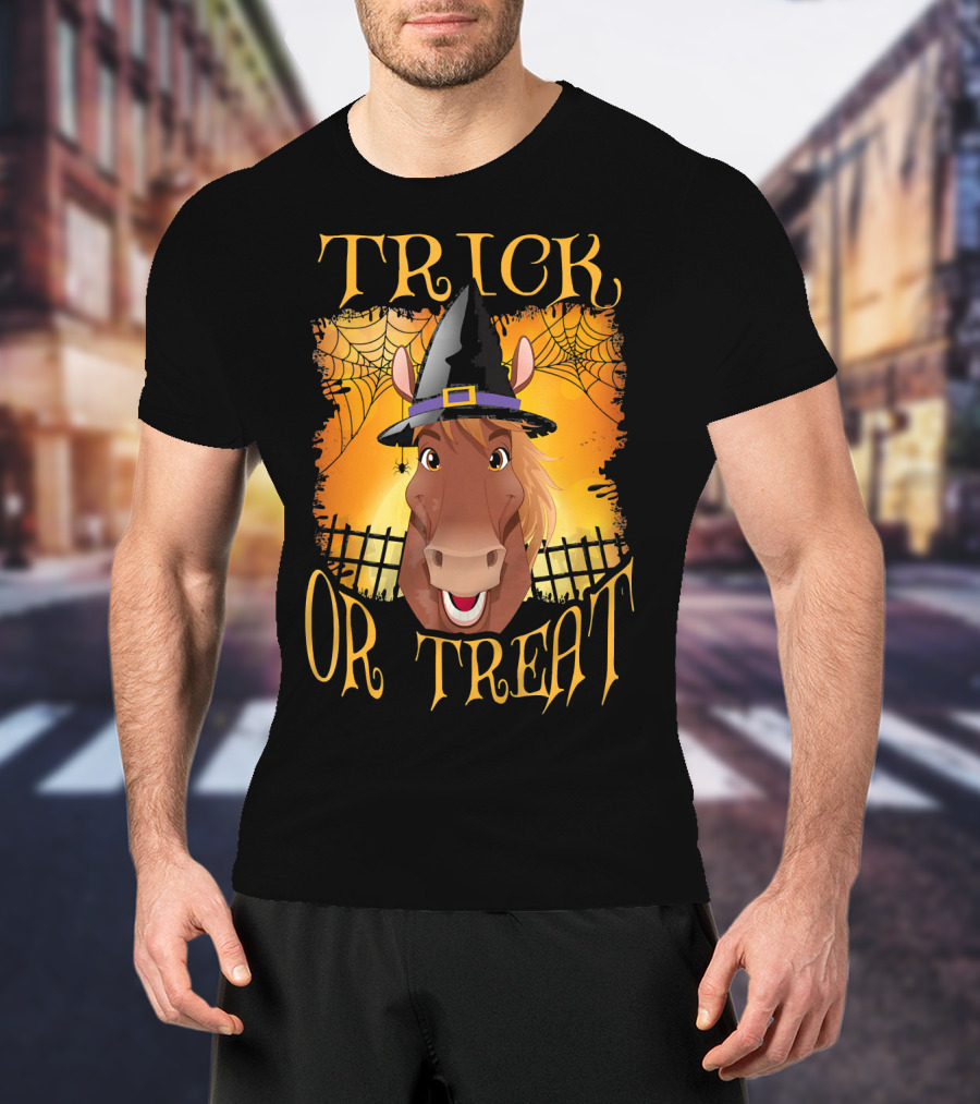 Trick Or Treat Horse With Witch Hat And Spider Web T-Shirt